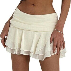 Women's Tiered Layer Ruched Mesh Sheer Flared Ruffle Hem Summer Y2K Mini Skirts